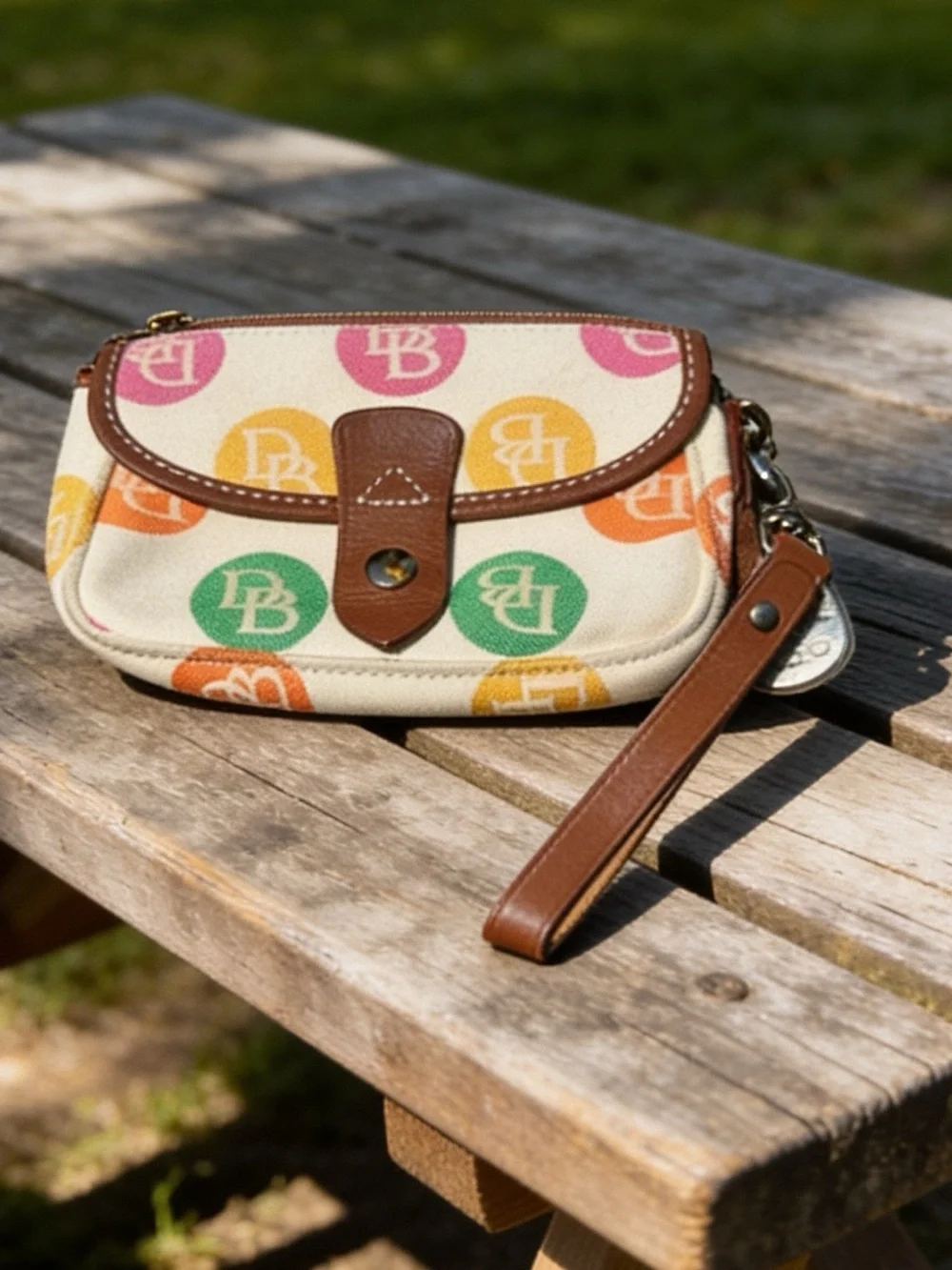 Vintage Dooney & Bourke Rainbow Monogram  Logo Dot Wristlet Cream & Brown Trim